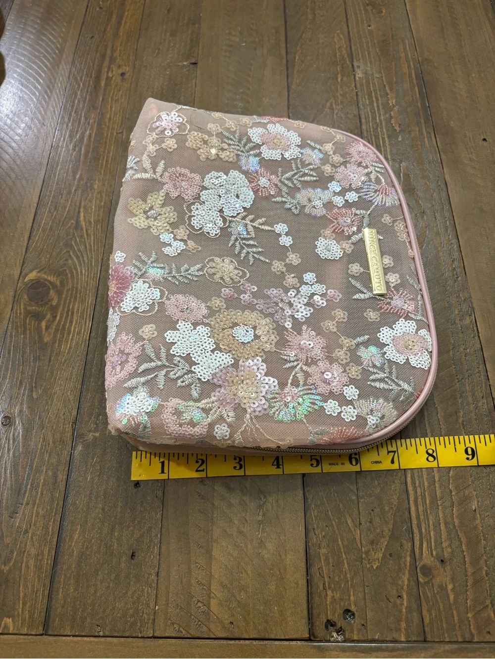 Vince Camuto Blush Pink Floral Sequin Cosmetic Bag